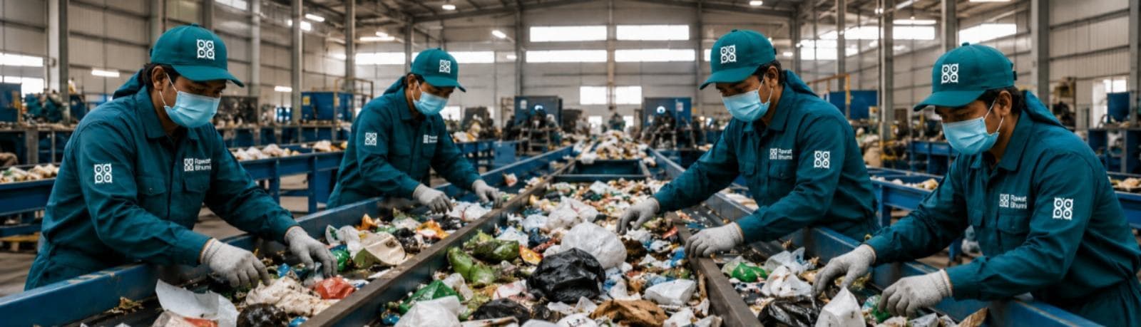 Tim menyortir material di fasilitas pemilahan lanjutan