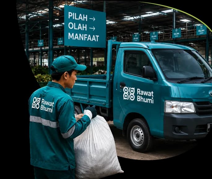 Petugas Rawat Bhumi memuat sampah terpilah ke armada di fasilitas pilah